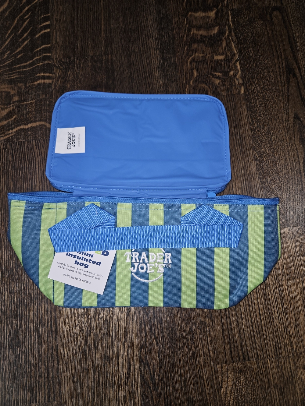 SHIPS NEXT DAY- 2026 Trader Joe's Blue & Lime Striped Insulated Lunch Tote